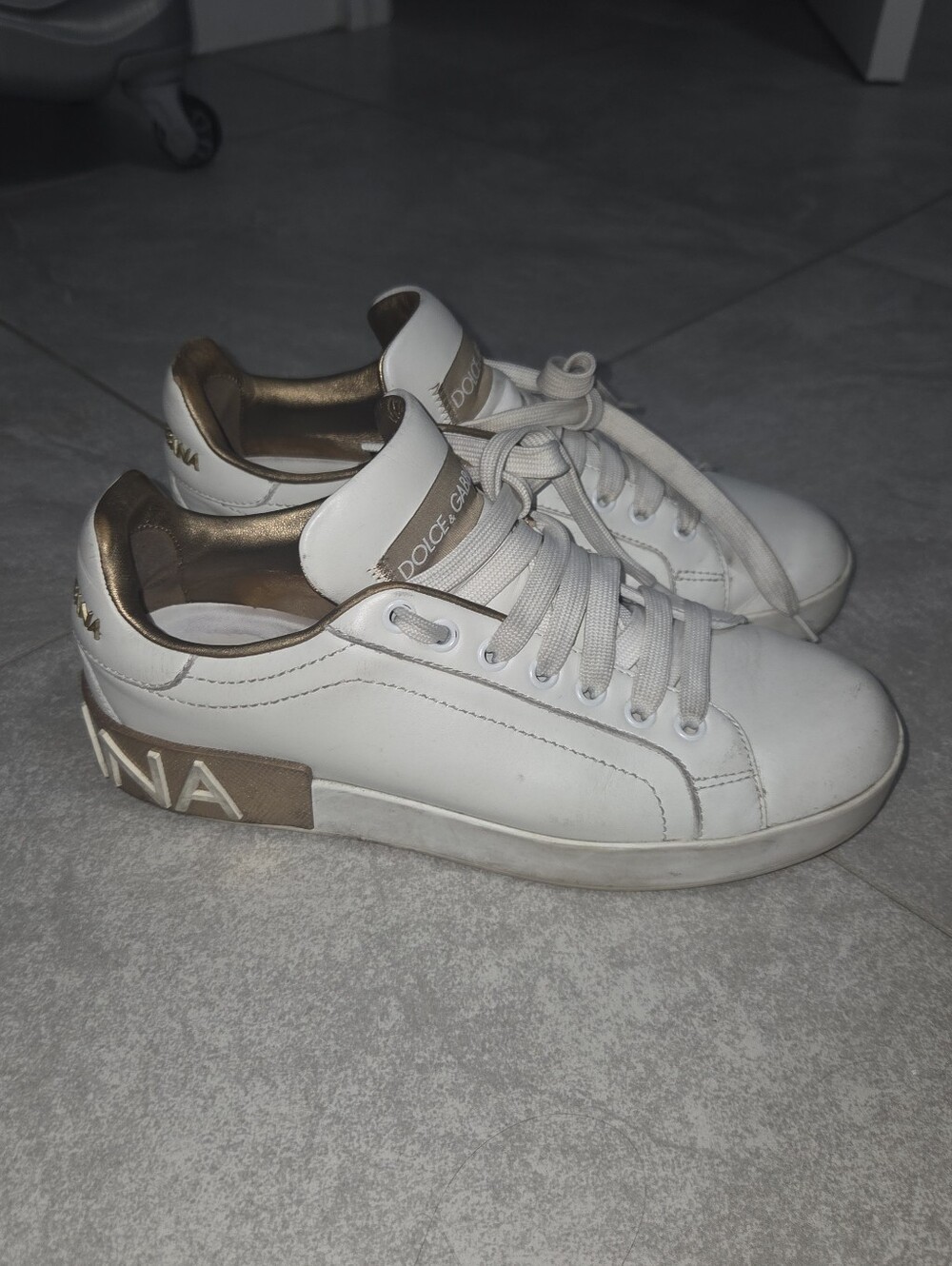 Dolce & Gabbana Portofino Sneakers - White Leather with Gold Trim